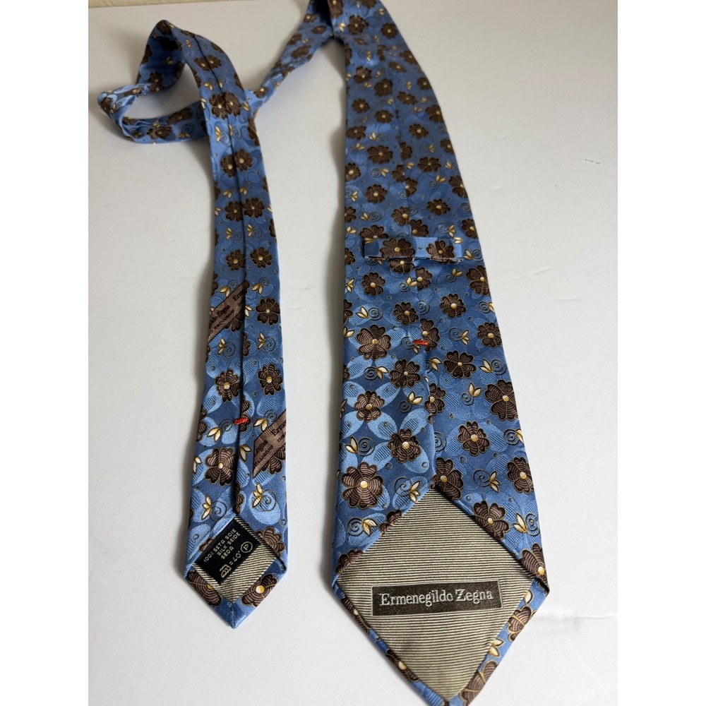 Ermenegildo Zegna Silk Tie Blue Brown Floral Geometric Italian Luxury Necktie